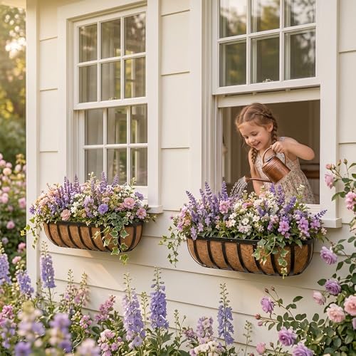 Y&M Railing Planter Boxes 24 Inch 2 Pack, 2-in-1 Adjustable Hanging Balcony Planters with Coco Liners, Heavy Duty Window Box Planters with Support Rods for Outdoor Garden - Image 3