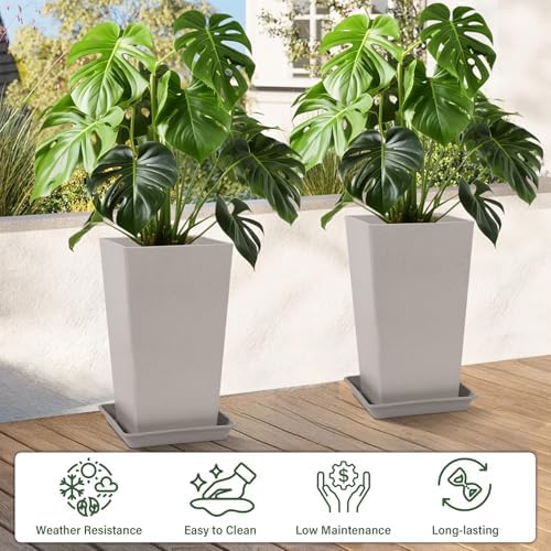 Neoaider Set of 2 Tall Planter, 21 inch Large Plastic Planter, Light Gray - Image 2