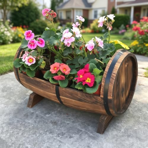 Wooden Whiskey Barrel Planters Outdoor Large 12-24 In (16"L x 12"W x 11"H) by VIBRFURE