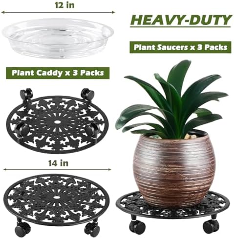 3 Pack Plant Caddy with Wheels, PlanterHoma 14 Inch Metal Plant Stand with Wheel Heavy Duty Wrought Iron Planter Dolly Rolling Stand Plant Roller with Caster for Indoor and Outdoor with 3 Pack Saucers - Image 3