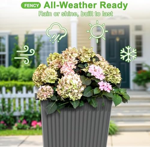 FENCY Set of 2 Tall Planters for Outdoor Plants, Gray Ribbed - Image 4