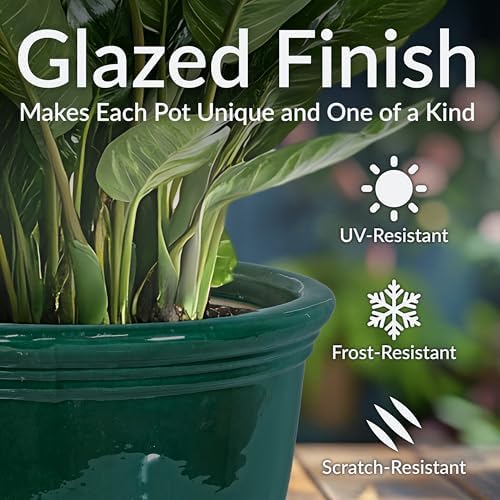 Sunnydaze Studio 15" Round Ceramic Planter, Dark Green Glaze - Image 4