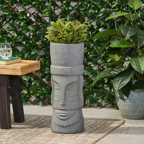Christopher Knight Home Jorine Lightweight Concrete Planter, Cast Stone Planter, Moai Design Urn, Tall Plant Pot, Easter Island Garden Pot with Drainage Hole for Backyard Hall Garden, Stone Gray by ChristopherKnightHome