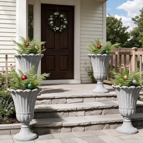 Tall Plastic Urn Planters and Pedestal - 24" Outdoor Planter Grey - Image 2