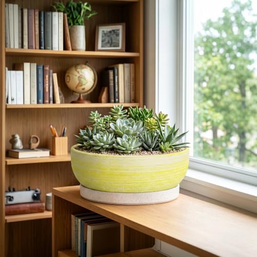 Succulent Pots, 13 Inch Ceramic Bonsai Tree Pots, Brushed Yellow - Image 3