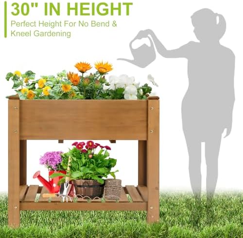 ketive Raised Garden Bed with Legs - Elevated Wooden Planter Box, Durable Fir Wood, Reinforced Frame with Drainage Holes, Liner, and Storage Shelf for Vegetables, Herbs, Flowers, 33.5" x 18" x 30" - Image 5