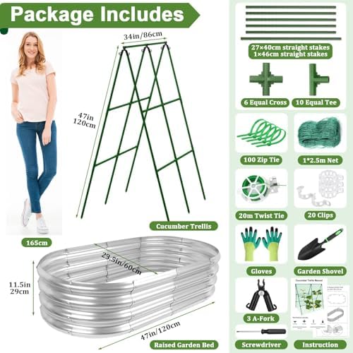 Galvanized Raised Bed with Cucumber Trellis, Garden Arch Trellis Outdoor Reusable A-Frame Metal Trellis with Trellis Net for Pea Vegetable Bean Grape Vines Flowers Climbing Plants Stand Support - Image 3