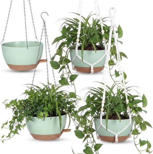 Sliner Set of 4-12 Inch Self Watering Hanging Planters Includes Hanging Pots and Outdoor Hanger Plant Pots with Drainage Holes 2 Types of Hanger Basket Hooks for Patio Garden(Green Brown) by Sliner