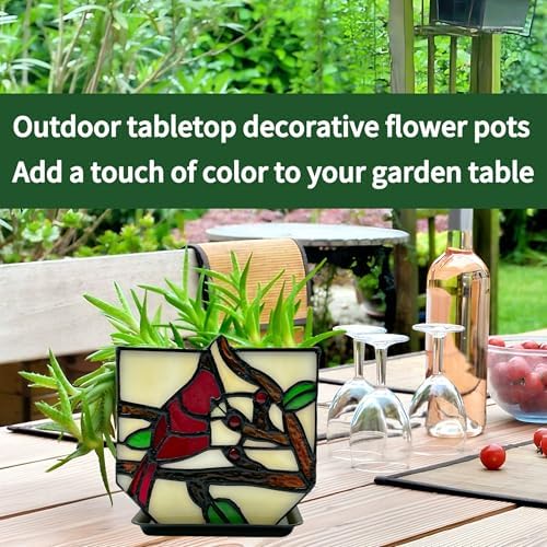 Stained Glass Cardinal Bird Indoor Planter Pot, Decorative Flower Pot with Drainage,Planter Pots for Indoor Plants,Christmas Cardinals Decorations,Cardinal Gifts - Image 5