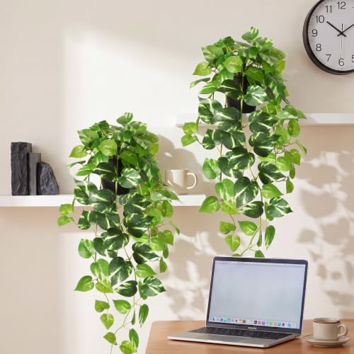 CEWOR Fake Pothos Hanging Plants, 33", Variegated, with Plastic Pot, for Home Office Indoor Decor, 2 Pack - Image 6