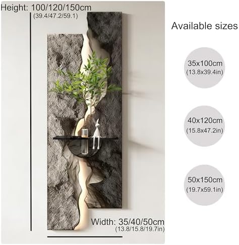 3D Textured Sandstone Wall Art with LED Light and Hydroponic Vase, Modern Framed Abstract Sculpture Wall Decor for Living Room Bedroom for Apartment Office Entryway(Grey-A,50x150cm (19.7x59.1in)) - Image 3