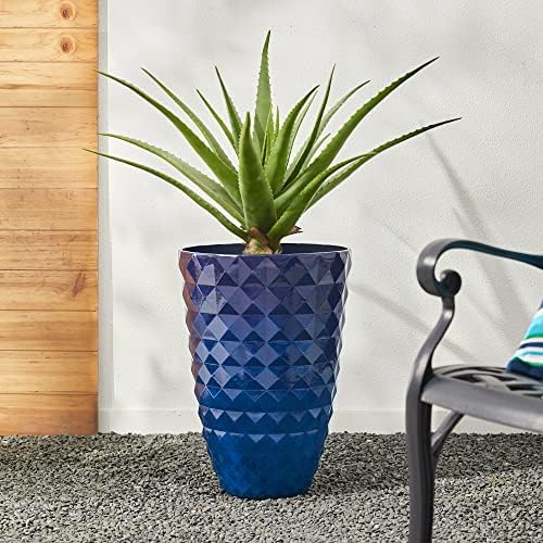 Glitzhome 19.75"H Tall Planters for Outdoor Plant,Tall Outdoor Planters with Drainage Holes,Faux Ceramic Diamond Textured,Large Gradient Cobalt Blue Planter Garden Flower Pots for Porch,Patio,Set of 2 - Image 4