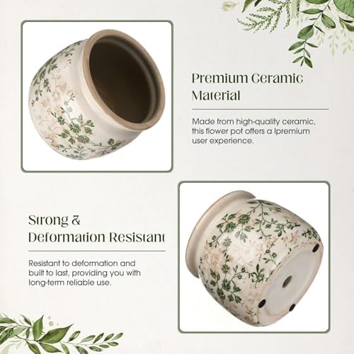 7.7" Large Ceramic Plant Pot Beige Green Jasmine Vine Crackle Glaze Rustic Flowers Pot Decorative Planter with Drainage for Indoor Outdoor Plants Home Kitchen Office Decor Gift - Image 3