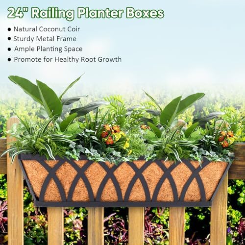 LCHUANG Deck Railing Planter Window Box - 2 Pack 24 Inch Deck Balcony Rail Planter with Coconut Coir Liner, Fence Metal Hanging Flower Planter Basket Deck Railing Planter Boxes for Outdoor Lawn - Image 2