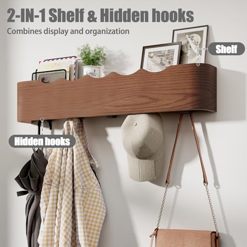 Coat Rack Wall Mount with Shelf 8 Hidden Hooks Modern Wooden Key Holder Entryway Organizer for Hallway Bedroom Bathroom Home Decor Storage for Hanging Coats Hats Bags Towels, Wave-Shape Black - Image 2