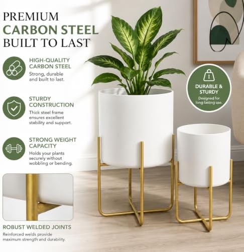 Kirpi Modern Planter Pots, Set of 2 Round White Planters with Gold Stand, Decorative Floor Planters, Steel Pots with Drainage Holes for Living Room, Office, Garden, 7 and 9 Inch Diameter - Image 6