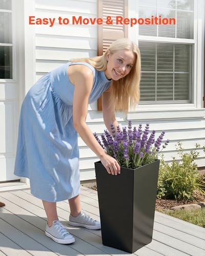 VEVOR Set of 2 Tall Planters for Outdoor Plants 22 inch, Black Tall Planter for Indoor Plants, Modern Planters for Front Porch Patio Balcony, Plant Container Flower Pots - Image 4