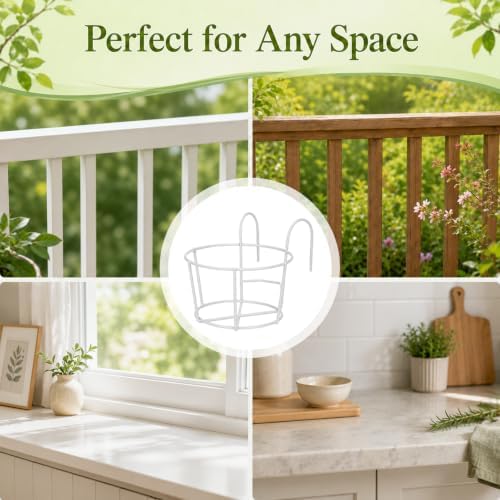 10 Pcs Round Hanging Railing Planters, 6.3" Reinforced Metal Hanging Baskets, Fence Plant Hangers, Heavy-Duty Flower Pot Holders for Balcony, Patio, Porch Railing, White - Image 6