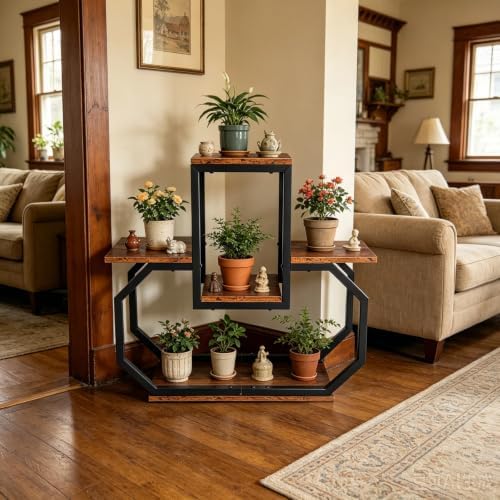 Wooden Plant Stand Indoor, 26.96" Tall Flower Stand with Square Brown Shelves, 5-Tier Black Metal Plant Shelf Corner Flower Rack, Unique Geometry Flower Pot Holder, Multi-tiered Display Shelf for Living Room Bedroom Study Room Balcony Office - Image 4