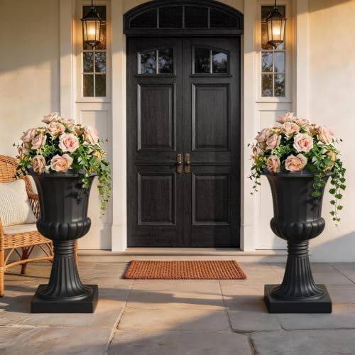 Large Outdoor Urn Planters 19.7" Tall, Classic Plastic Tall Planter with Vintage 3D Texture, Pedestal Flower Pots for Front Porch, Garden, Entryway, Indoor & Outdoor Use Black 4 - Image 3
