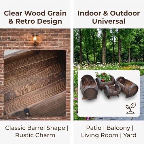 Whiskey Barrel Planter Wooden Barrel Planter for Indoor & Outdoor Use Patio Lawn Garden Balcony with Drainage Hole Rustic Decorative Plant Container (19.7×12.6×12.2in/50×32×31cm) - Image 6