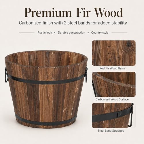 BNSPLY 3 Pcs Whiskey Barrel Planters, Wooden Planter Barrel Set with Handle & Drainage Holes, Rustic Outdoor Flower Pots for Plants, Herbs, Veggies, Indoor Outdoor Use, Brown - Image 4