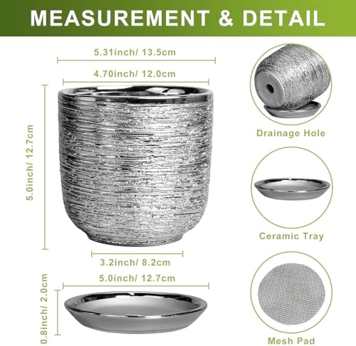 Ceramic Plant Pot 5 Inch, Indoor Planter with Drainage, Silver - Image 3