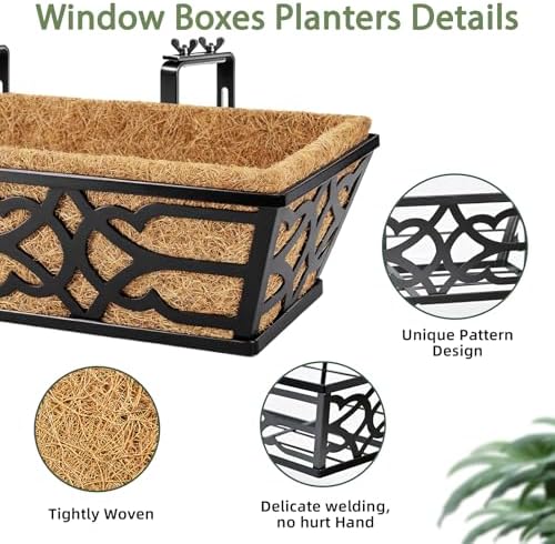 4 Pack 30 Inch Window Boxes Planters with Coco Liner, Large Metal Railing Planter Boxes for Deck, Heavy Duty Hanging Trough for Fence and Front Porch Garden Flower Display - Image 7