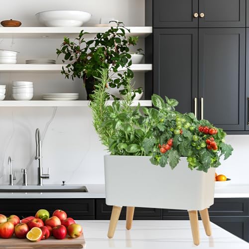 13.5 Inch Indoor Decorative Planter Pot with Solid Wood Legs, Self Watering Pots with Water Shortage Alarm Plant Pot for Modern Flower Planter for Home & Garden(White) - Image 2
