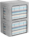 FHSQX 2 Pack Clear Window Storage Bins - Large Stackable Linen Fabric Storage for Clothes Foldable Container Organizer Set with Carrying Handles (Light Gray, 15.7x 11.8x 11.7 Inch) by FHSQX