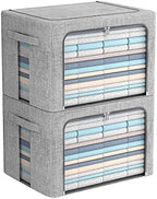 FHSQX 2 Pack Clear Window Storage Bins - Large Stackable Linen Fabric Storage for Clothes Foldable Container Organizer Set with Carrying Handles (Light Gray, 15.7x 11.8x 11.7 Inch) by FHSQX