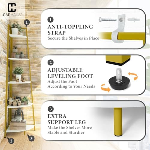 CAPHAUS 5-Tier Corner Shelf Stand, Tall Display Shelves, Ladder Corner Wood Storage Plant Bookshelf with Metal Frame, Versatile Shelving Unit Bookcase for Home Office Space, Gold - Image 5