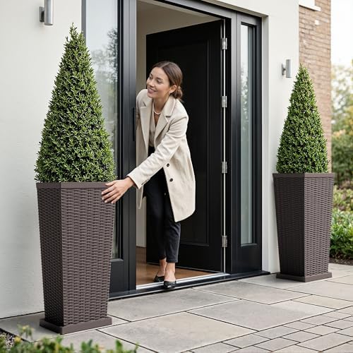JUMMICO 30" Front Porch Resin Rattan Tall Planters 2 Pack, Inner Tray - Image 4