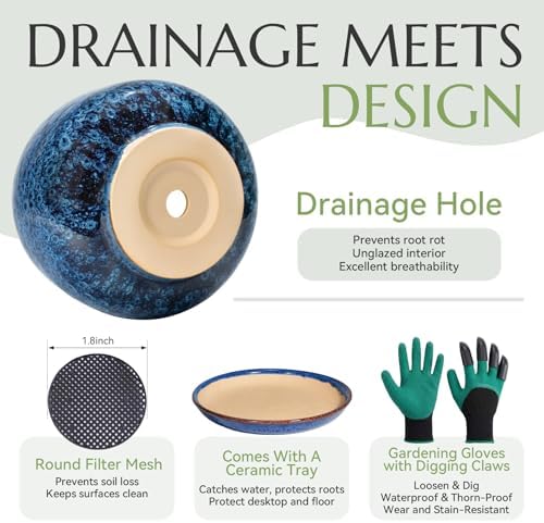 7.5 Inch Flower pots for Indoor Outdoor Plants with Saucer Drainage Leak-Proof Mesh, Ceramic Planter with Gardening Gloves for Succulent and Flower(Peacock Blue) - Image 4