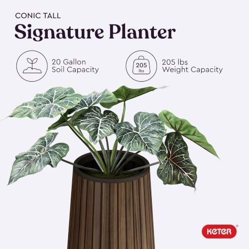 Keter Signature Conic 28.5 Inch Tall Round Large Wood Look Planter for Indoor or Outdoor Flower Pot Ideal for Patio Deck and Front Porch Decor, Rosewood - Image 5