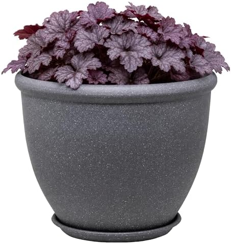 Garden Elements TerraStone Planter, 16in & WaterGuard Saucer Bundle, Greystone by GardenElements