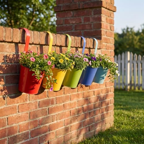 Hanging Metal Flower Planters 5-Pack, Railing Bucket with Hooks - Image 3