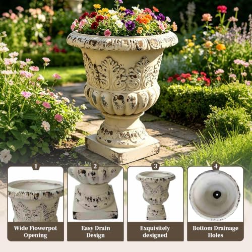 20.47" Tall Antique White Urn Planter, 16.53" W x 16.53" D Magnesium Oxide Outdoor Pedestal Planter with Drainage Hole, Decorative Garden Urn for Patio, Porch and Entryway Decor - Image 4
