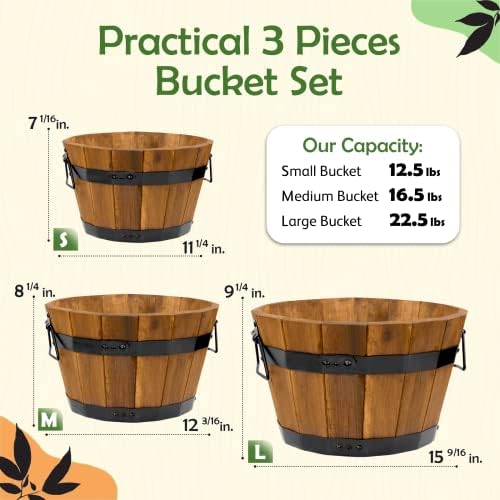 Idzo Set of 3 Wooden Flower Boxes Outdoor, Durable Acacia Wood Barrel Planters for Outdoor Plants with Ergonomic Handles, Drainage Holes, Multiple Sizes Wood Bucket Planter Light Brown - Image 4