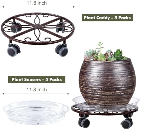 Planterhoma 5 Pack Plant Caddy with Wheels & Saucers, 11.8" Heavy Duty Metal Rolling Plant Stand, Plant Dolly with Lockable Casters, Rustproof Iron Planter Mover for Indoor Outdoor, Bronze - Image 3