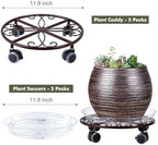Planterhoma 5 Pack Plant Caddy with Wheels & Saucers, 11.8" Heavy Duty Metal Rolling Plant Stand, Plant Dolly with Lockable Casters, Rustproof Iron Planter Mover for Indoor Outdoor, Bronze - Image 3