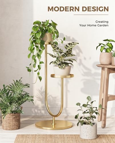 Bamworld Indoor Corner Plant Stands 2 Tier Plant Shelf for Tall Plant Holder Black Plant Shelves for Living Room Bedroom Midcentury Modern Home Decor(Gold) - Image 3