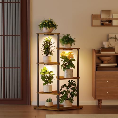 iDavosic.ly 5 Tier Plant Stand Indoor with Grow Lights, Black & Brown 41 In by iDavosicly