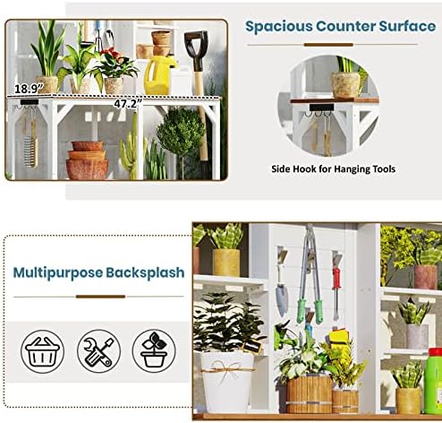 Outdoor Garden Potting Bench Table with 6-Tier Storage Shelves and Side Hook, 64.6" Large Wooden Patio Work Station, Potting Benches for Outside, Mudroom Backyard Work Bench Table (White) - Image 4