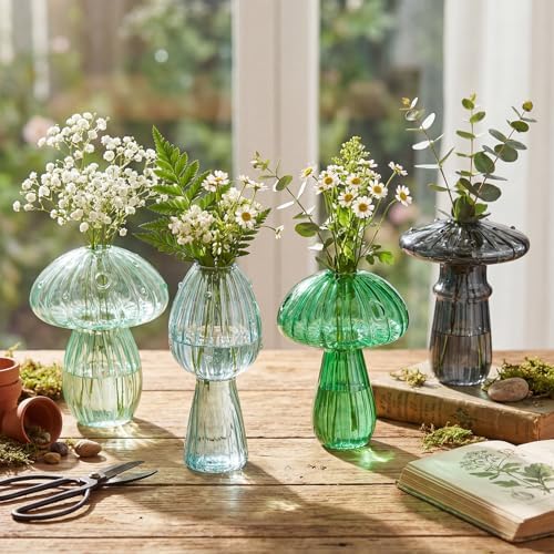 7 Pcs Glass Mushroom Vase Propagation Station with Hydroponic Plant and Artificial Fake Moss 6 Colored Plant Vase Table Centerpiece Decor for Forest Birthday Wedding Party Decoration (Green) - Image 6