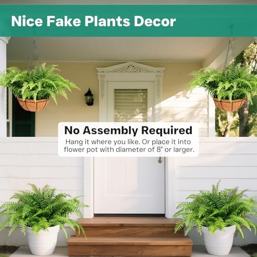 2 Set Fake Ferns with Hanging Baskets, UV Resistant Fake Hanging Ferns Plants, Outdoor Artificial Hanging Plants for Front Porch Garden Balcony Patio Home Decor, No Assembly - Image 4