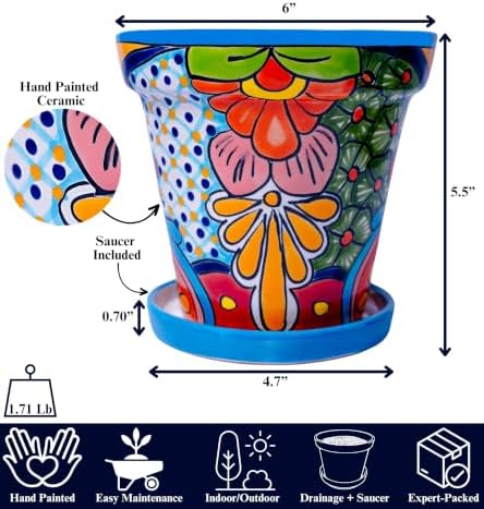 Talavera Planter - Mexican Ceramic Pot with Drainage (Turquoise-Medium) - Image 2