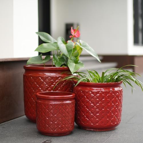 3 PCS Ceramic Planter, 9/12/15 Inch Deep Cylinder Planter with Drainage Hole, Large Plant Pots for Tree Foliage - Red - Image 4