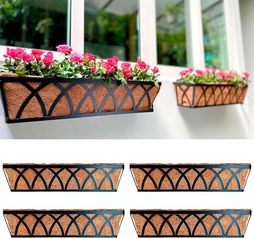 LaLaGreen Wall Planters (4 Pack, 36 Inch) Black Metal Rectangular Hanging Flower Box Window Boxes Planters with Coco Liner Rustic Flower Basket Plant Holder Deck Rail Railing Patio Large Balcony Fence by L%C3%A1L%C3%A1Green