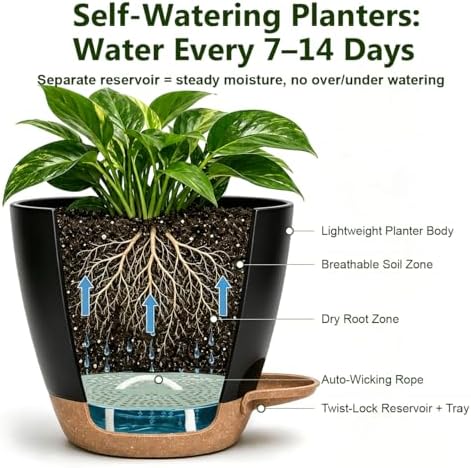 Plant Pots for Indoor 9/8/7/6.5/6/5 Inch, Self Watering Planter Pots with Drainage Holes and Saucers, 6Pcs Plastic Flower Pots for Indoor & Outdoor Plants（Black） - Image 4